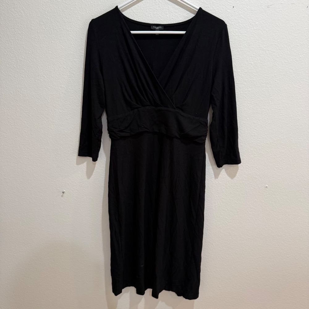 Talbots Petites Black Surplice Faux Wrap Ruched Empire Waist Dress SP 3/4 Sleeve